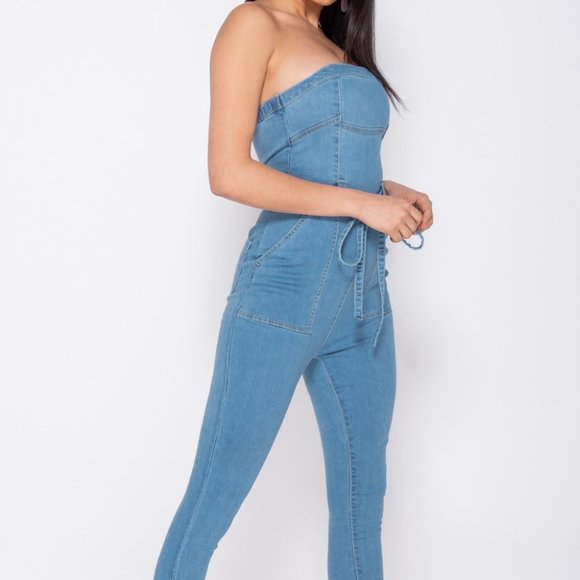 Strapless Denim Jeans Bodycon Jumpsuit Playsuit - Picture 3 of 9